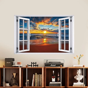 Adesivo da parete 3D vista mare al tramonto con cornice bianca per decorazione casa