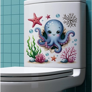 Sticker 3D pieuvre et corail marin avec effet PVC étanche sur le réservoir WC