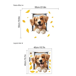 3D puppy window wall sticker with autumn leaves, layout and paste effect dimensions