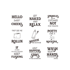 Set of 9 minimalist bathroom wall stickers with humorous English typography and line art