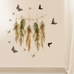 Self-adhesive PVC wall stickers with hanging dried plants and flying butterflies