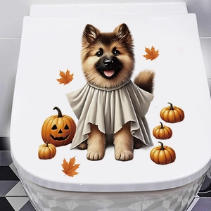 Halloween toilet sticker featuring a puppy in ghost cloak with pumpkins and maple leaves