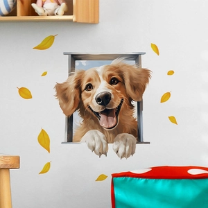 3D realistic puppy wall sticker with autumn leaves on white wall for home decor