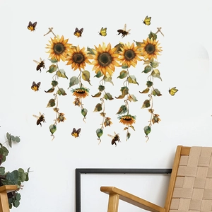 Watercolor sunflower wall stickers with green vines and bees for home wall decoration