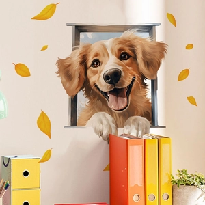 3D view of Golden Retriever wall sticker peering through a window with yellow autumn leaves