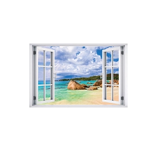 Adesivo murale 3D vista mare con paesaggio di spiaggia tropicale e cornice bianca decor