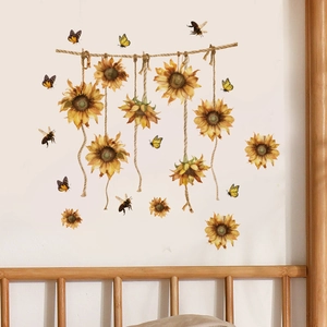 Self-adhesive sunflower wall stickers with butterflies for warm home decor