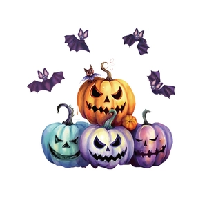 Adesivi murali Halloween con zucche colorate e pipistrelli viola su sfondo bianco
