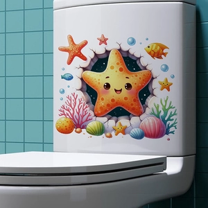 Sticker WC 3D monde océanique avec étoile de mer mignonne et poissons tropicaux décor