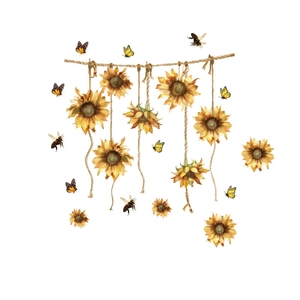 Sunflower wall decals with bees and butterflies in artistic watercolor garden style
