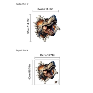 Macro detail of 3D T-Rex wall sticker showing layout and paste size specifications