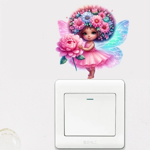 Fairy butterfly wall sticker with pink flowers for bedroom and light switch decoration
