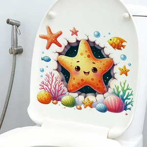 Détail du sticker WC 3D monde marin avec étoile de mer orange et décors de corail coloré