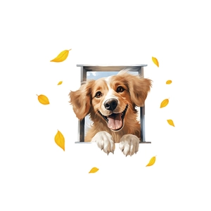 3D realistic puppy wall sticker with cute golden retriever and falling autumn leaves
