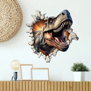Detailed view of 3D T-Rex wall sticker showing realistic scales and breaking wall effect