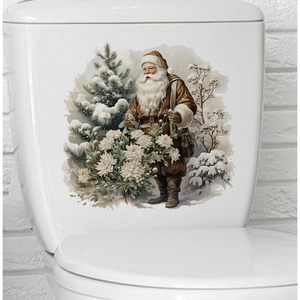 Close-up of vintage Santa Claus PVC toilet tank sticker with snowy pine forest detail
