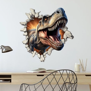 Detailed view of a 3D T-Rex wall sticker showing realistic texture and broken wall effect