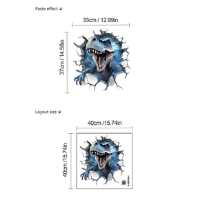 Detail view of 3D T-Rex wall sticker showing layout size and realistic paste effect
