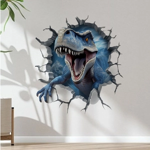 Detailed close-up of 3D dinosaur wall sticker with realistic skin texture and cracked wall effect
