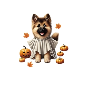 Ghost costume for dogs with pumpkin and autumn leaves decor for Halloween celebrations