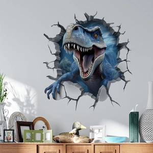 Detail of 3D dinosaur wall sticker showing blue raptor breaking through the wall surface