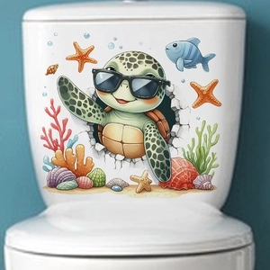 Sticker 3D tortue marine avec coraux et étoiles de mer pour décoration de toilette