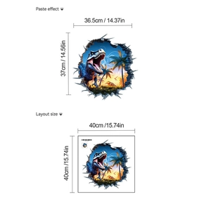Detail showing 3D dinosaur wall sticker layout size and pasted dimensions on white background
