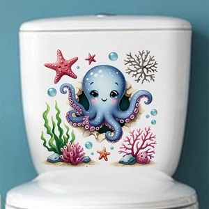 Sticker 3D pieuvre bleue autocollant pour décoration de toilettes et salle de bain