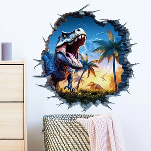 Detailed 3D visual of a blue T-Rex roaring through a broken wall in a modern living room