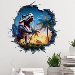 Detailed 3D blue T-Rex wall sticker breaking through a white wall in a modern living room