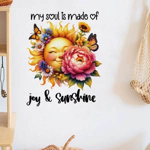 Detail of sunflower wall sticker with smiling sun and butterflies on white wall