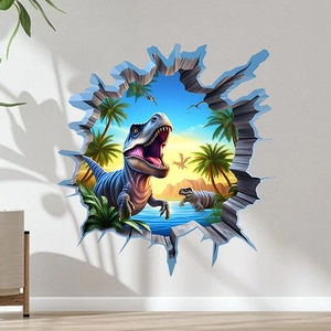 Detail of 3D dinosaur wall sticker showing T-Rex breaking through a cracked wall effect