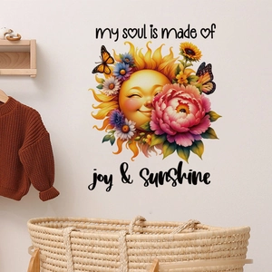 Detail of cartoon sunflower wall sticker with butterfly and joy sunshine lettering art