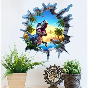 Detailed macro view of 3D dinosaur wall sticker with T-Rex breaking through a cracked wall