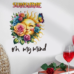 Cartoon sun and floral PVC wall stickers with Sunshine on my mind quote for home decor
