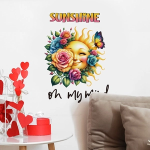 Detail of colorful sunflower wall sticker with Sunshine on my mind text for home decor