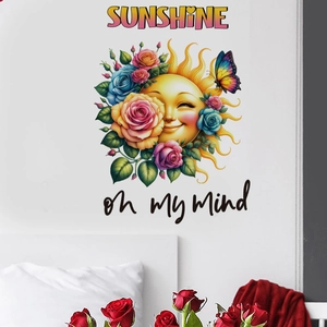 Detail of colorful sunflower wall sticker with butterfly and SUNSHINE art text