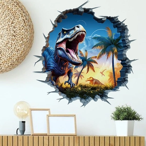 3D dinosaur wall sticker with T-Rex breaking through wall for kids bedroom decor