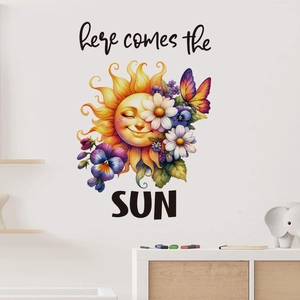 Detail of cartoon smiling sun wall sticker with white daisies and here comes the SUN text