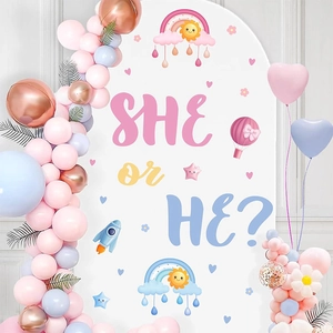 Gender reveal arch background with balloons and he or she lettering for baby shower party