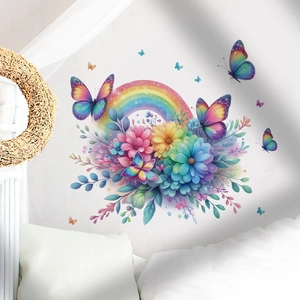 Stickers muraux arc-en-ciel et papillons aquarelle pour décoration de chambre à coucher