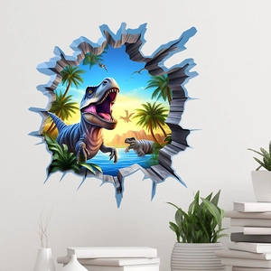 3D dinosaur wall sticker with T-Rex breaking through wall for living room decor