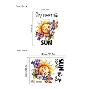 Detailed wall sticker layout with cartoon sun, daisies, and butterflies with size guide