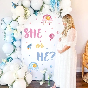 Arch Gender Reveal Party wall backdrop featuring SHE or HE design and balloon decor