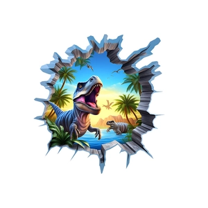 3D dinosaur wall sticker with breaking wall effect and roaring blue T-Rex for home decor