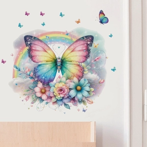 Sticker mural papillon arc-en-ciel avec fleurs colorées et nuages pour déco enfant