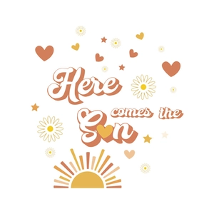 Retro Here Comes the Sun wall sticker with daisies and hearts for home decor