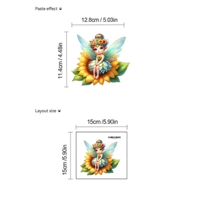 Détail de sticker fée tournesol montrant l'effet de pose et les dimensions du plan