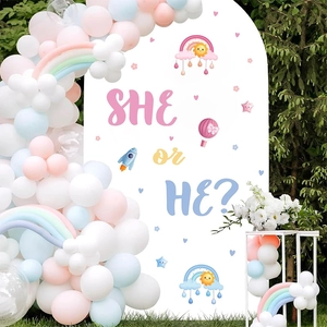 Outdoor setup for Gender Reveal party with SHE or HE backdrop and balloon garland