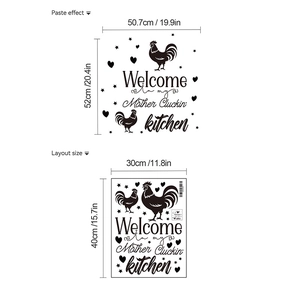 Kitchen wall decal layout showing rooster design and welcome message with size guide